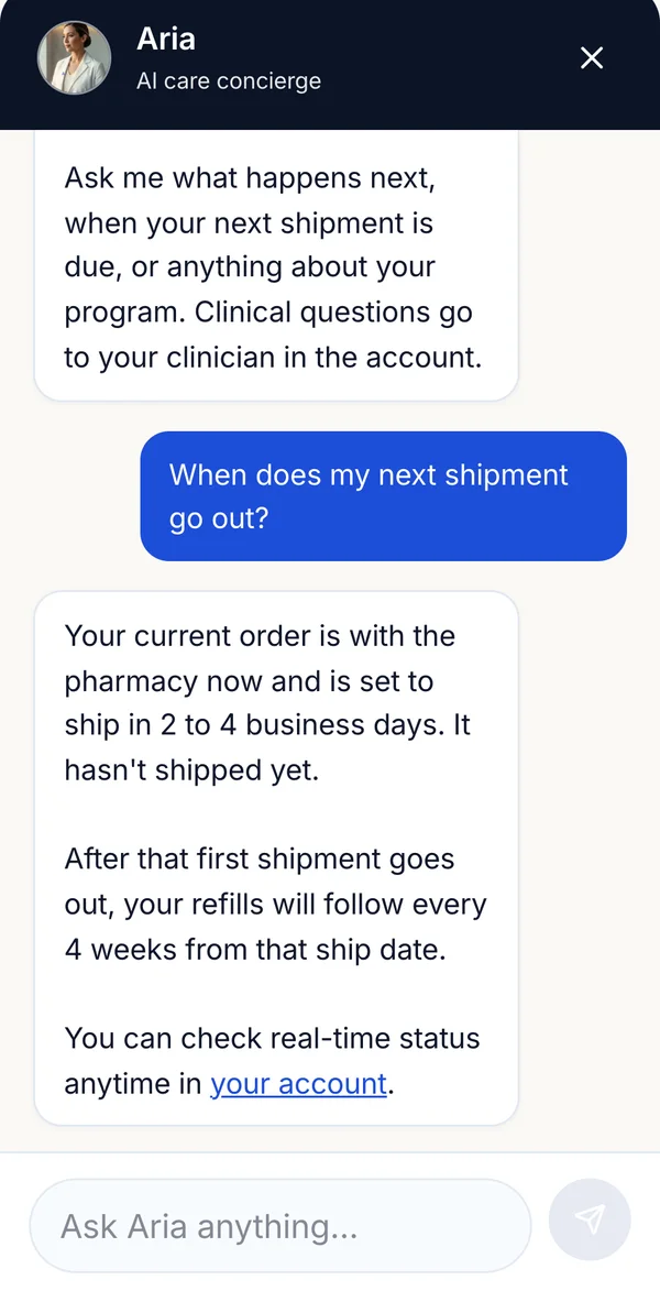 Aria, the AI care concierge, answering a member’s question about their next shipment